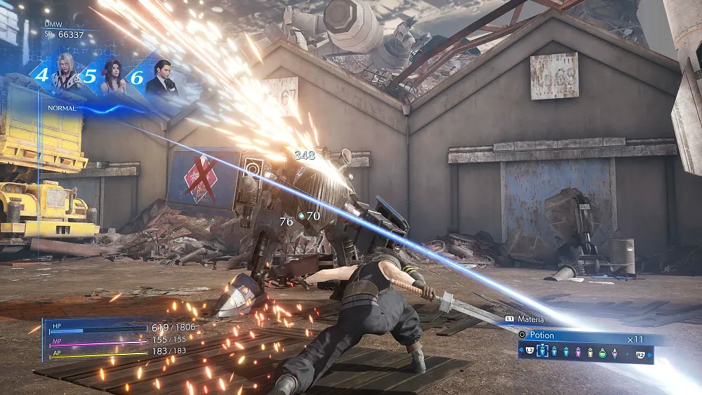 Video game screenshot showing a character slicing through a bipedal robot as they do battle in a warehouse environment
