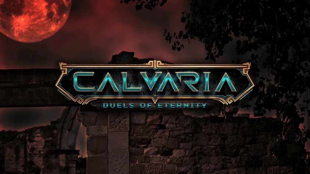 Logo for a game showing a blood red moon in the sky over some broken stone structures.