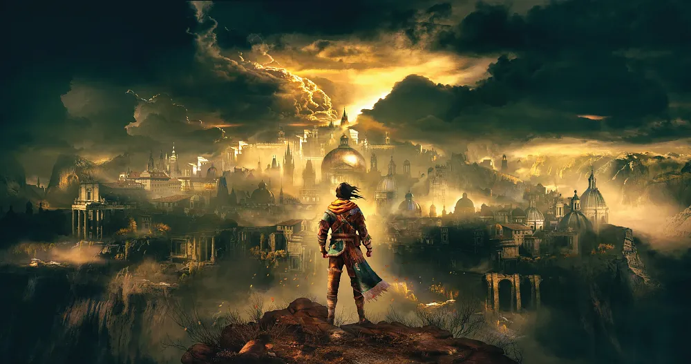 Key art for GreedFall: The Dying World showing a character looking out towards a fantasy style city bathed in golden light.