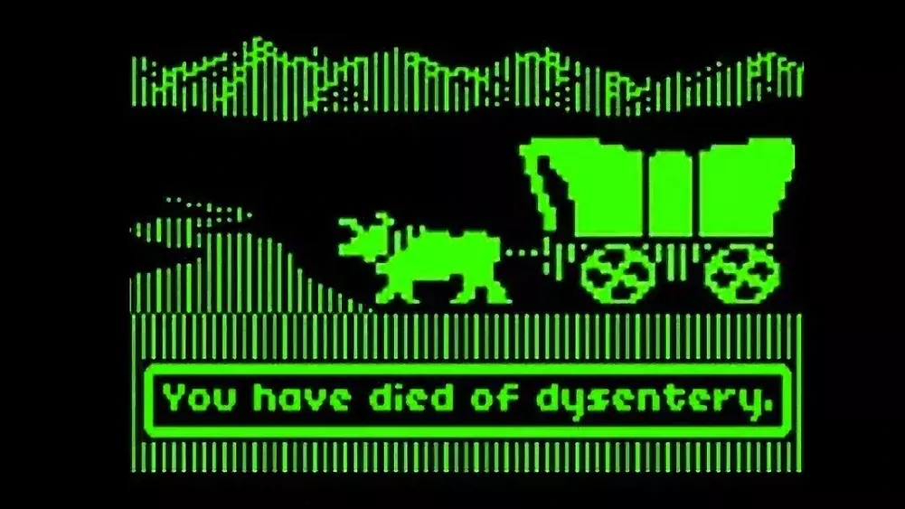 An image from an old game, Oregon Trail, with an image of an oxen pulled wagon and a message saying you have died of dysentery.