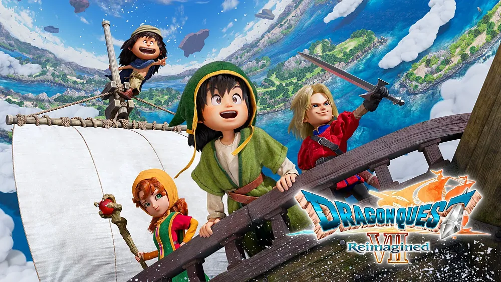 Art for Dragon Quest 7 Reimagined showing a group of highly stylized 3D young adults sailing on a ship near several island land masses.