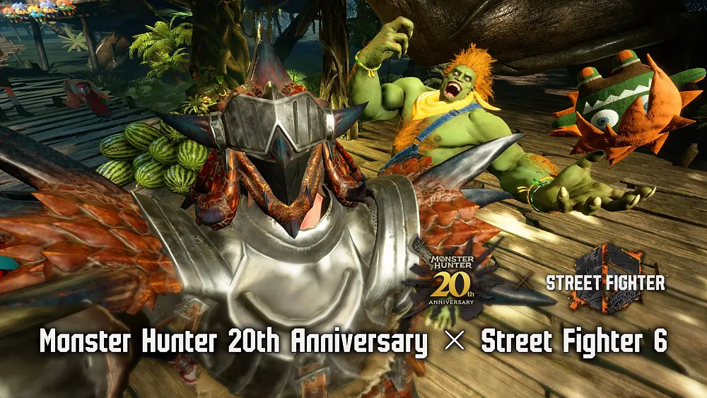 A fighter in Street Fighter 6 decked out in armor and gear from the Monster Hunter series.