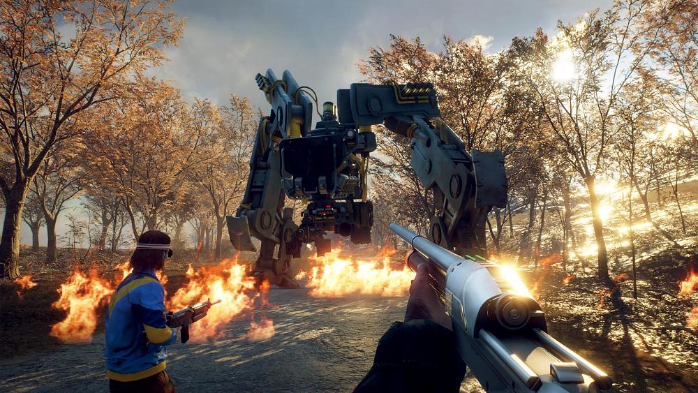 Two players aiming weapons at a huge mechanical foe.