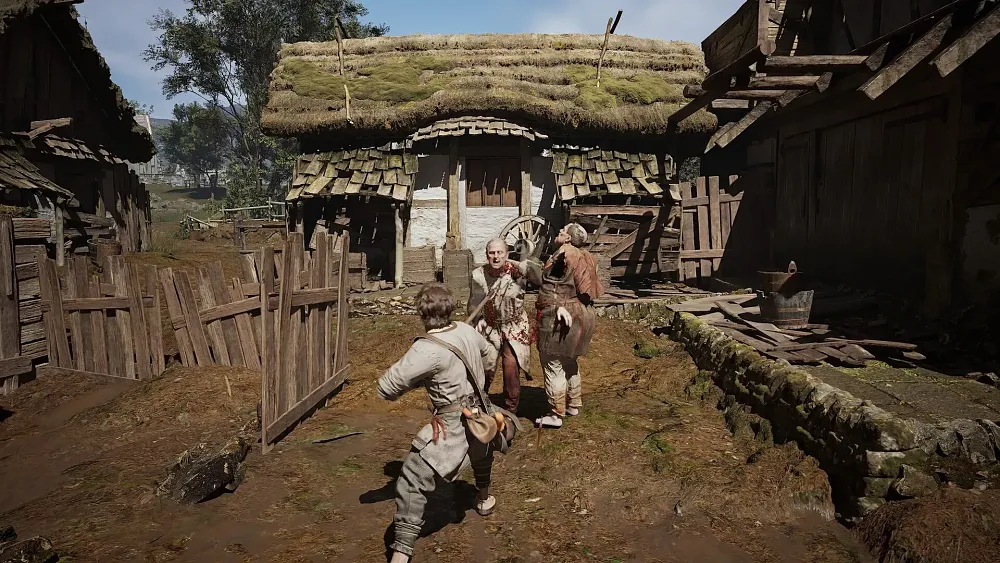 A human attacking a zombie with a pitchfork in 14th century England.