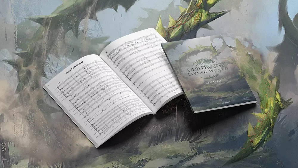 An image of the inside and cover of sheet music for Guild Wars 2 Living World from Materia Editions.