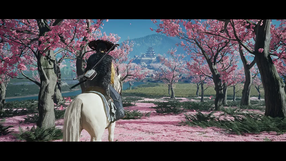 A samurai riding a horse along a path covered and surrounded by cherry blossoms and cherry blossom trees.