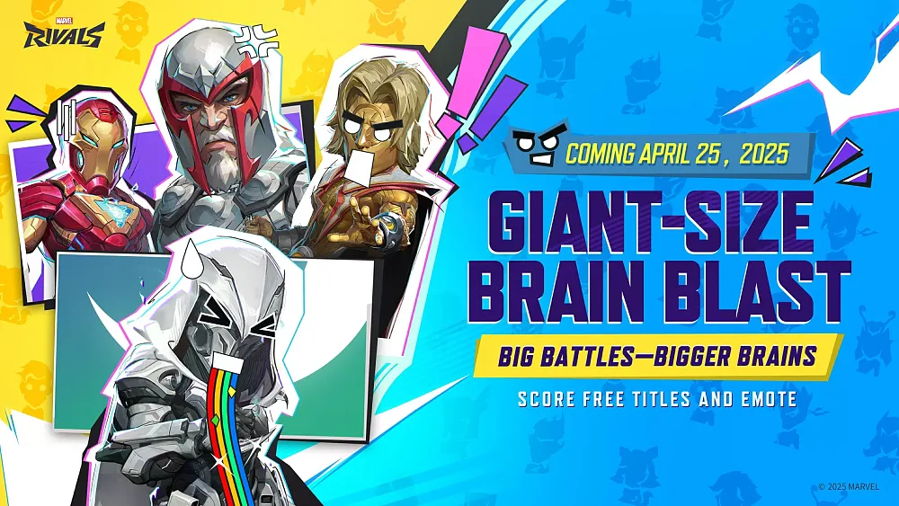 Promotional artwork. Text reads: Coming April 25, 2025. Giant-Size Brain Blast. Big battles - bigger brains. Score free titles and emote.