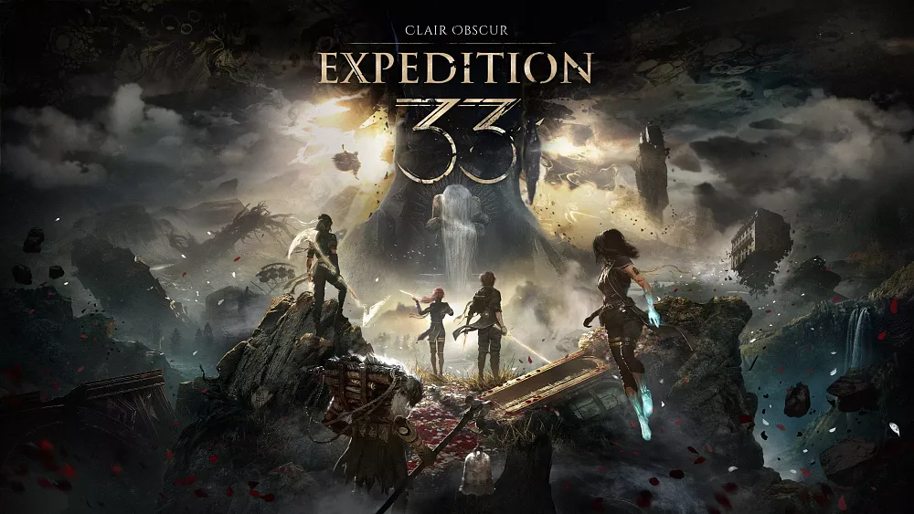 Art showing a group of heroes facing a giant grey-haired figure sitting on a massive throne-like seat in the far distance.