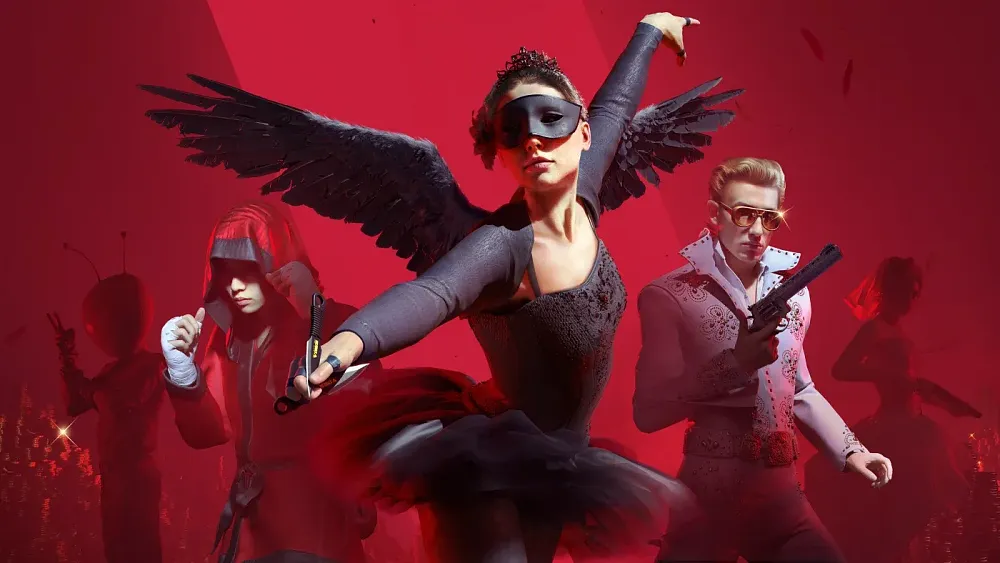 Various characters in a variety of outfits posing against a red background.
