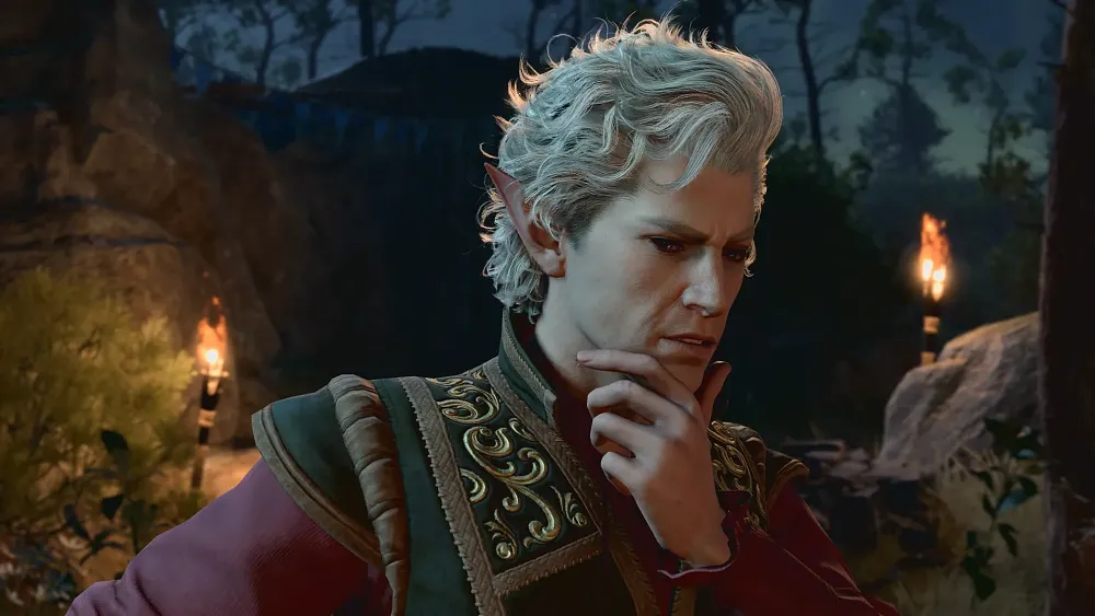 Person with white hair in a thinking pose.