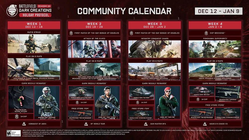 A roadmap of weekly content coming for the holiday 2024 season for Battlefield 2042.