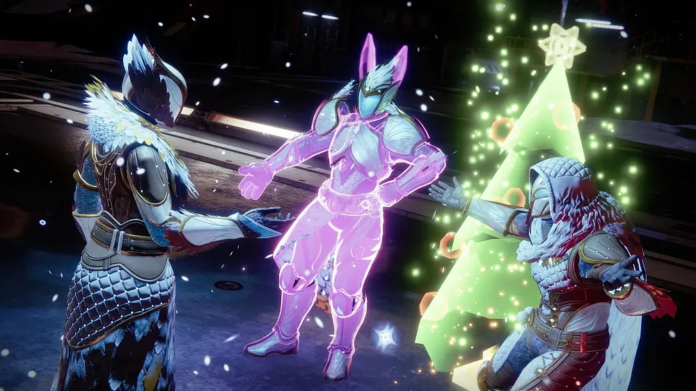 Three Guardians from Destiny 2 emoting near a holographic Christmas tree.
