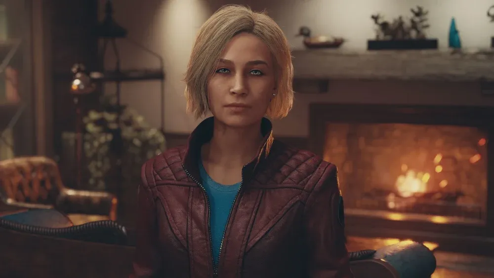A blonde haired woman in a red jacket.