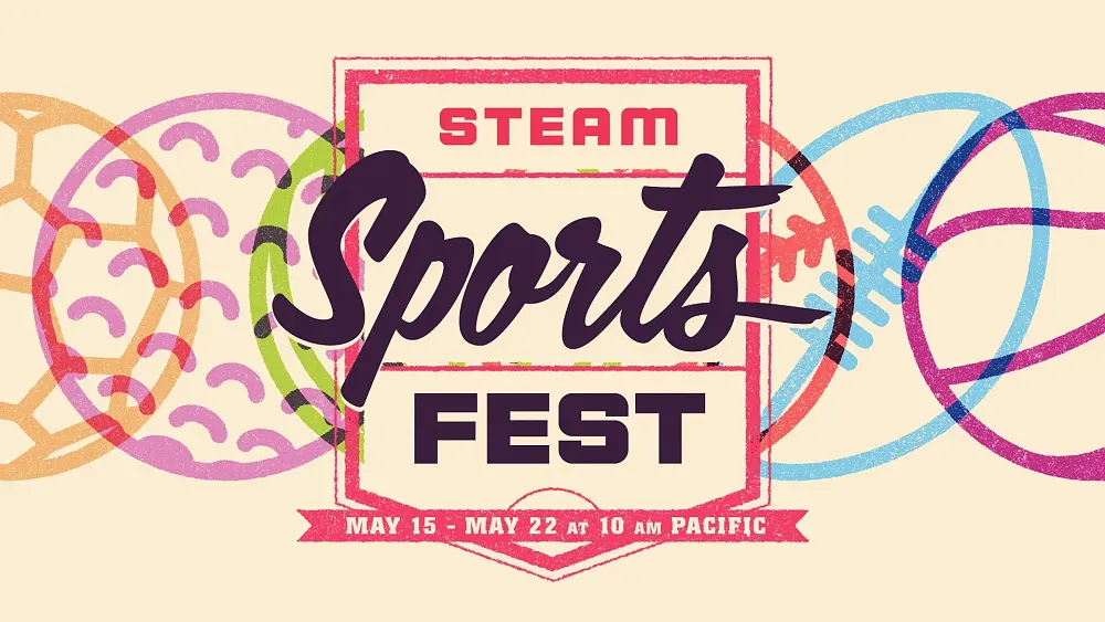 Text over a background showing different sporting equipment that says: Steam Sports Fest. May 15 - May 22 at 10 AM Pacific.