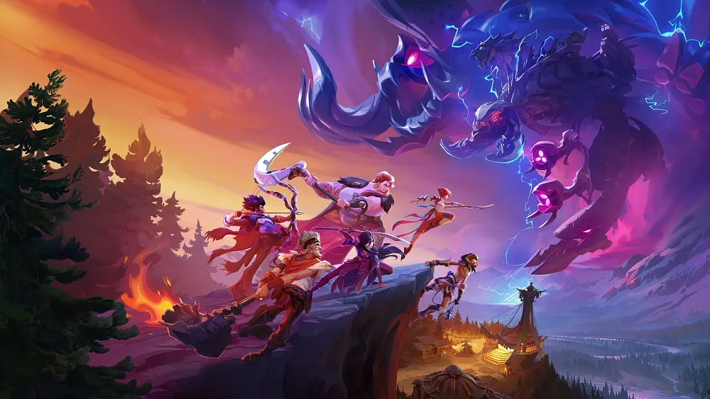 Key art showing a big group of Hunters from the new Horizon Hunters Gathering co-op game ready to take on evil mechanical beasts.
