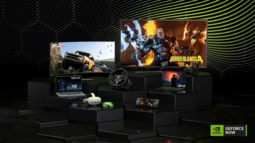 Promo art of various hardware that can stream new PC games through GeForce NOW.