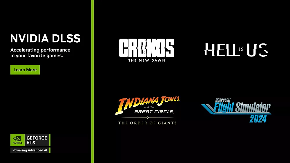 Image that shows DLSS 4 technologies have been added to games like Cronos: The New Dawn, Flight Simulator 2024, Indiana Jones and the Great Circle, and more.