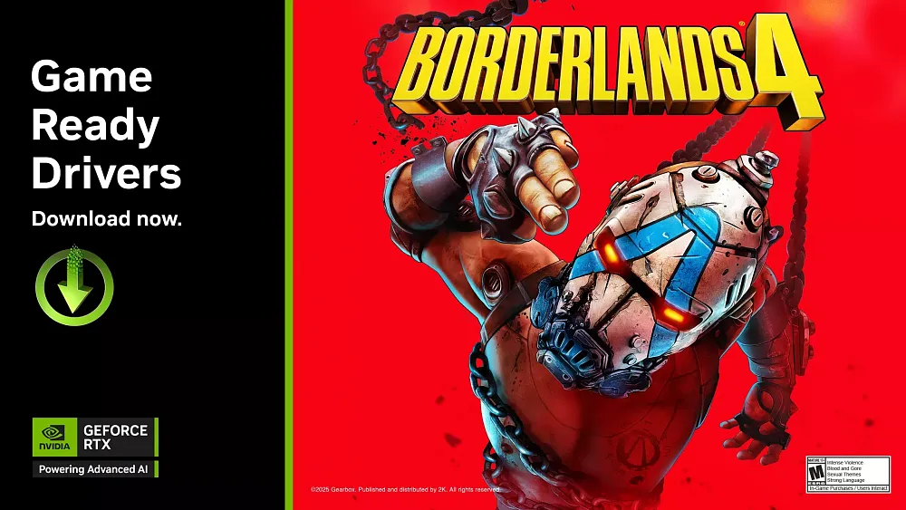 Promotional image for the new 581.29 Game Ready Driver from Nvidia for Borderlands 4 and Dying Light: The Beast.