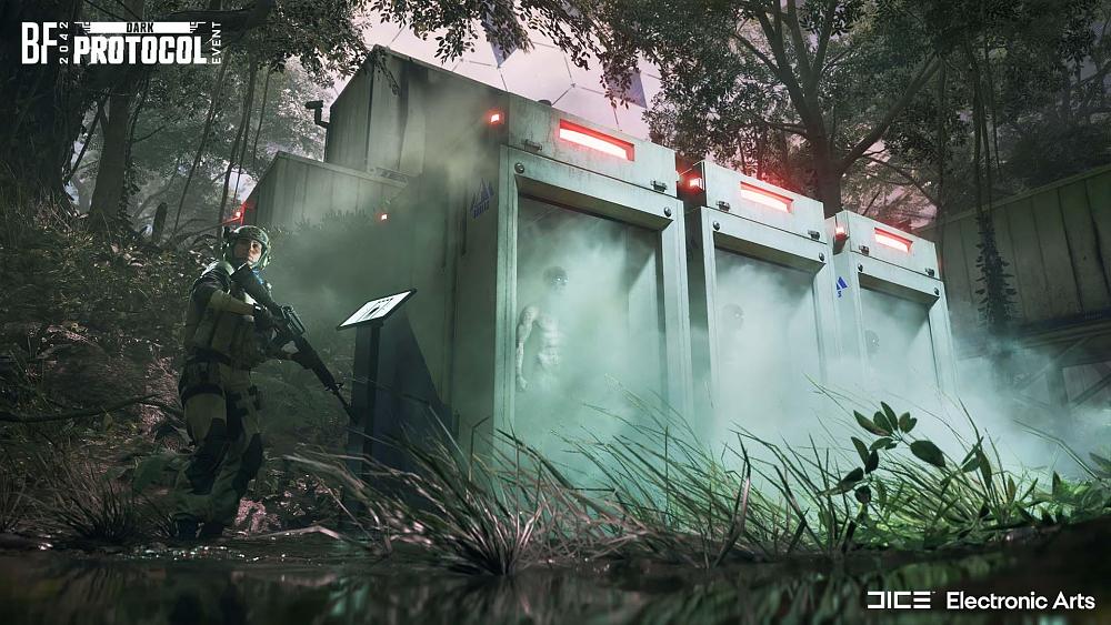 A soldier standing near a device that creates synthetic soldiers.