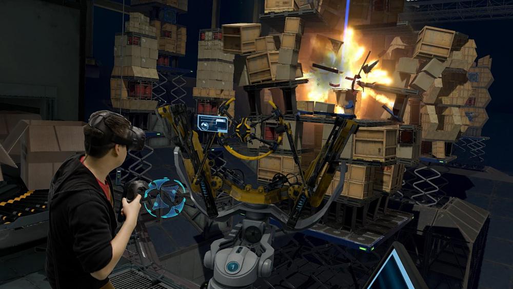 Someone playing in Valve's VR room-scale experiment game, The Lab.