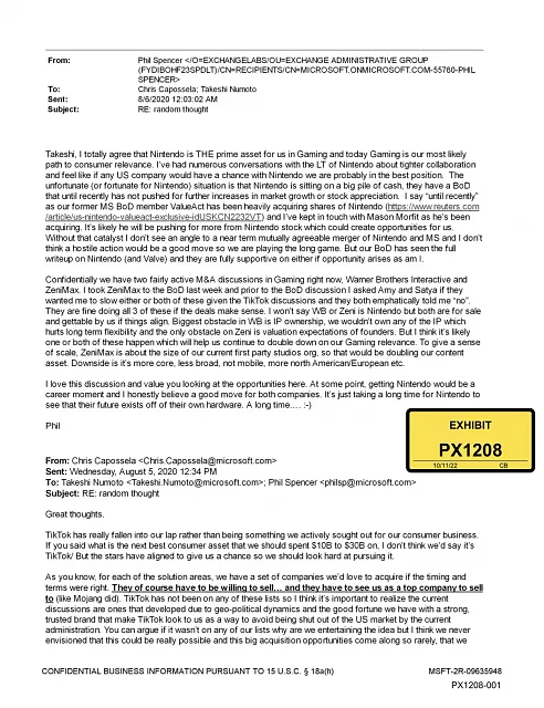 Leaked Phil Spencer email about buying Nintendo, Valve, and WB Games.