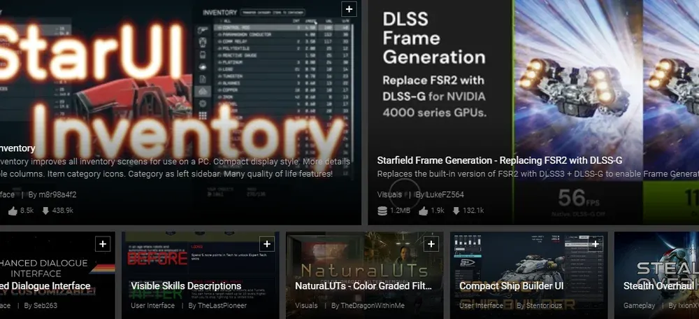 Various mods for Starfield from Nexus Mods.