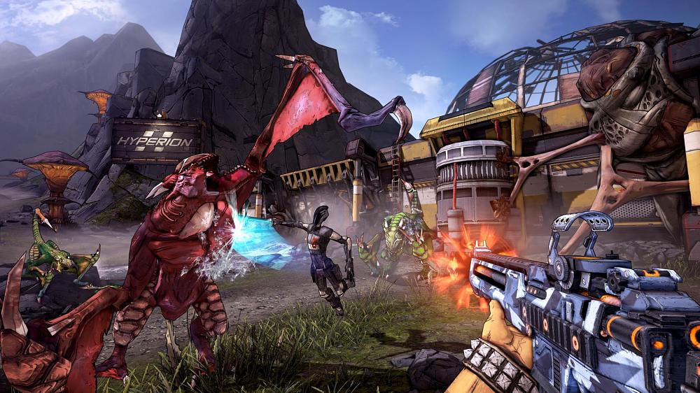 Gun shooting at several reptile-like enemies.