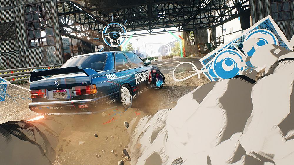 Game screenshot of a racecar power sliding through an industrial building with cartoon style tire smoke and other effects