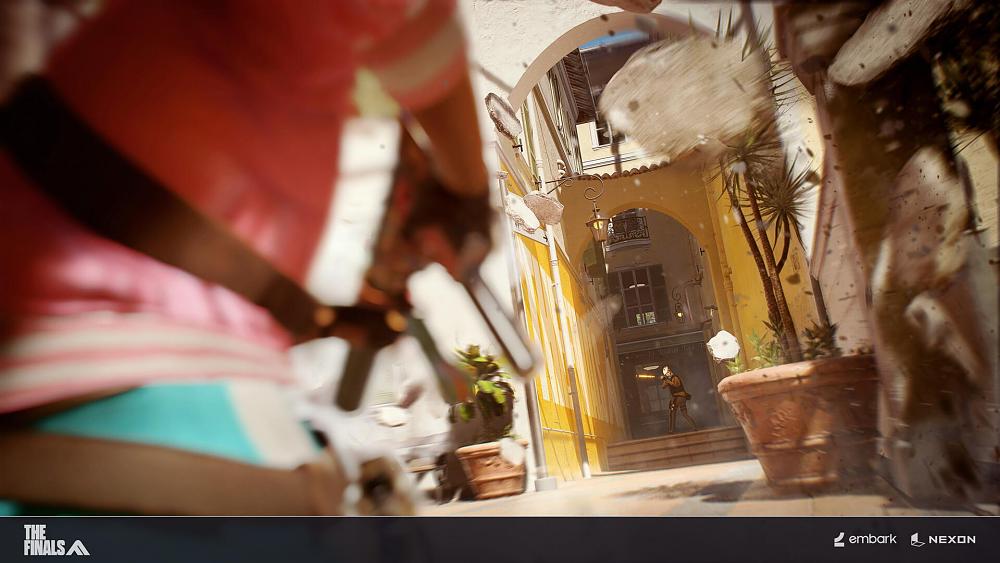 Two people taking aim at each other in an alleyway between buildings.