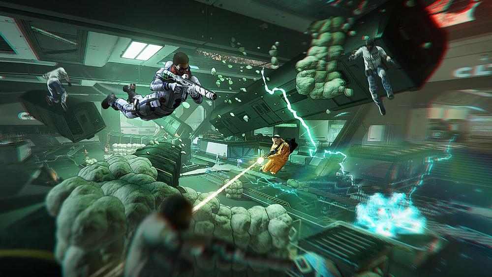 Armed players floating around in zero-g shooting at each other.
