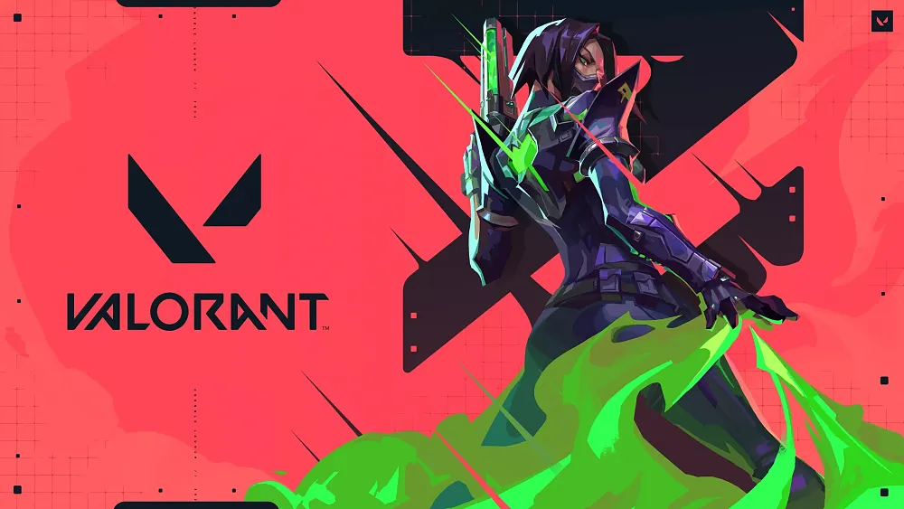 Art of a character from Valorant standing next to the title, all over a redish-orange background.