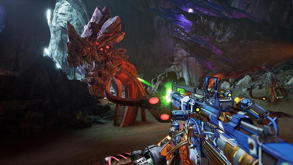 First-person shot from Borderlands 4 of the player shooting a tentacled creature.