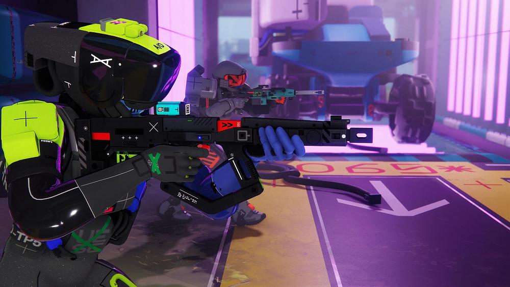 Sci-fi characters taking aim and moving off to the right in a colorful environment.