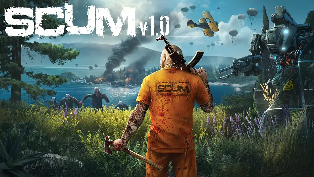 A man in prisoner garb holding an assault rifle and looking at a dangerous open world full of enemies, robots, and other dangers.