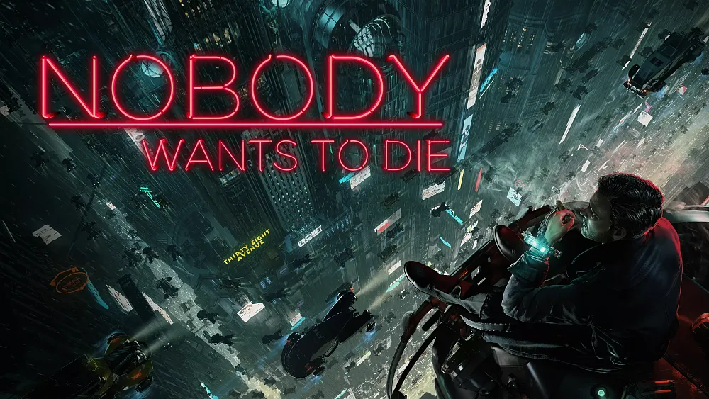 Title: Nobody Wants to Die. Image: A person smoking a cig on top of a building overlooking a futuristic city.