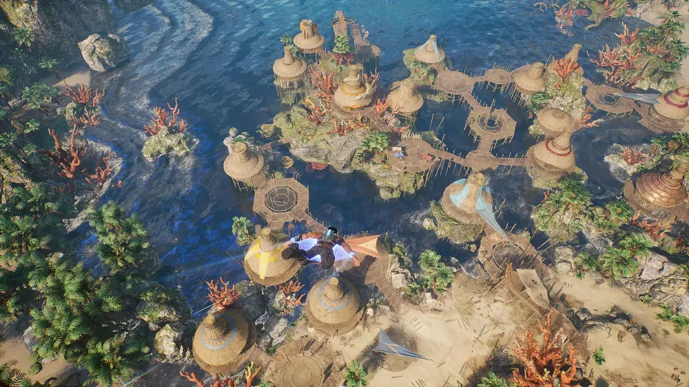 A character soaring high above an alien planet with a wingsuit.