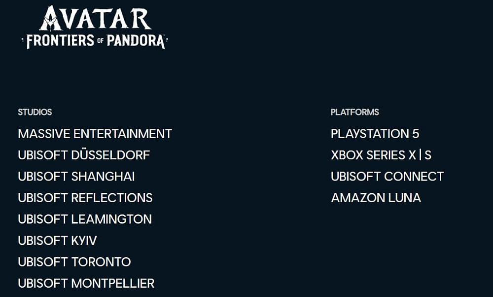 A list of Ubisoft studios and release platforms for Avatar: Frontiers of Pandora that indicates the game won't be released outside of Ubisoft Connect on PC.