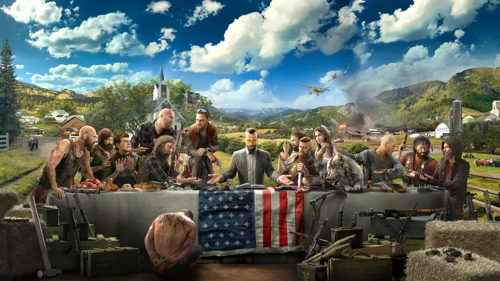 A cult with guns, the American flag, sitting on one side of a table much like The Last Supper painting of Jesus and his disciples.