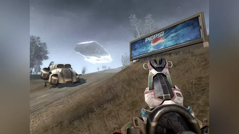 A screenshot from Battlefield 2142 showing an in-game advertisement for Pepsi on a billboard.