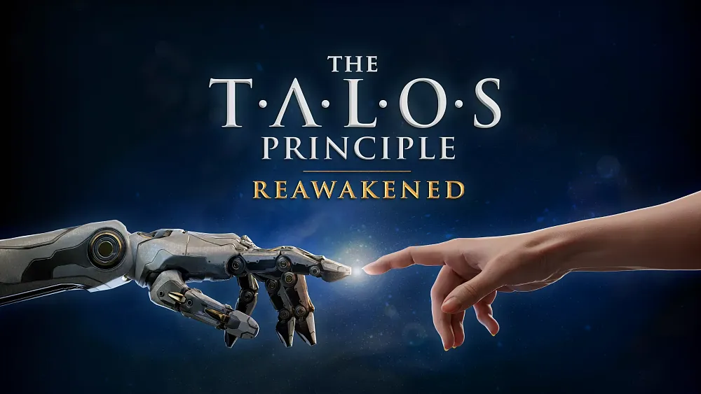 Text: The Talos Principle Reawakened. Image shows a robot fingertip touching a human hand's fingertip.