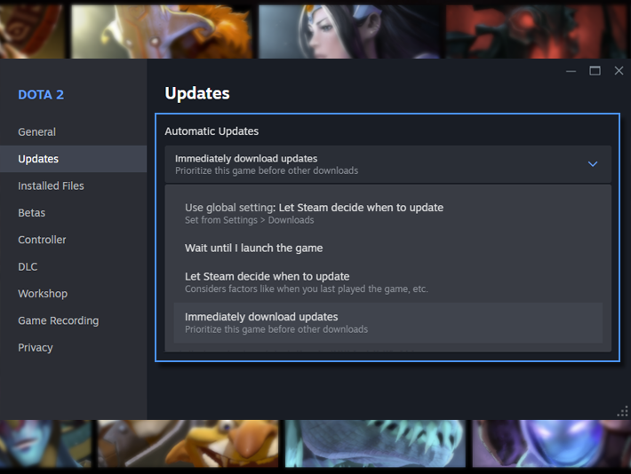 A look at the new settings for Steam that show options on when to download a game update for Dota 2, either using the global setting, wait until the game is launched, let Steam decide when to update, or immediate download of the updates.