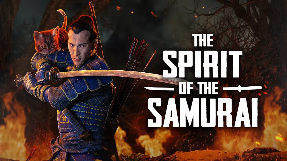 A samurai warrior readying his blade. Text: The Spirit of the Samurai