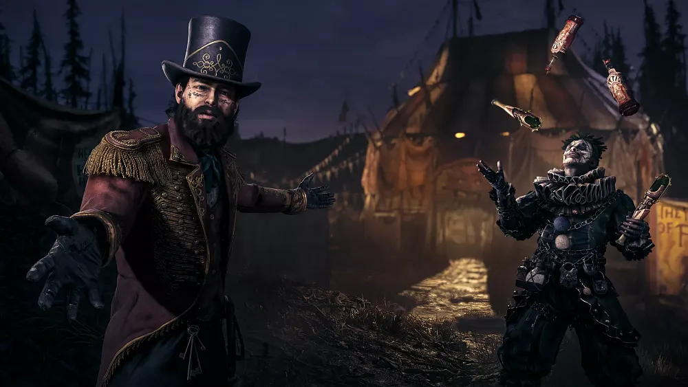Post Malone as a circus leader next to an evil clown juggling bottles and grenades.
