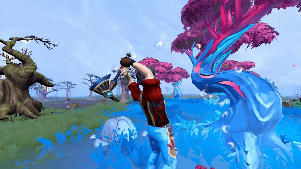 A woodcutter chopping at a blue, magical tree in RuneScape.