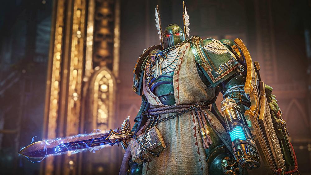 A Space Marine from Warhammer 40,000 in shiny blue and gold armor.