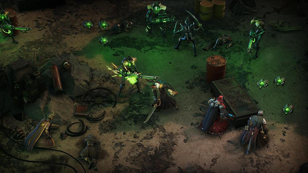 Isometric view of a battle set in the Warhammer 40,000 universe.