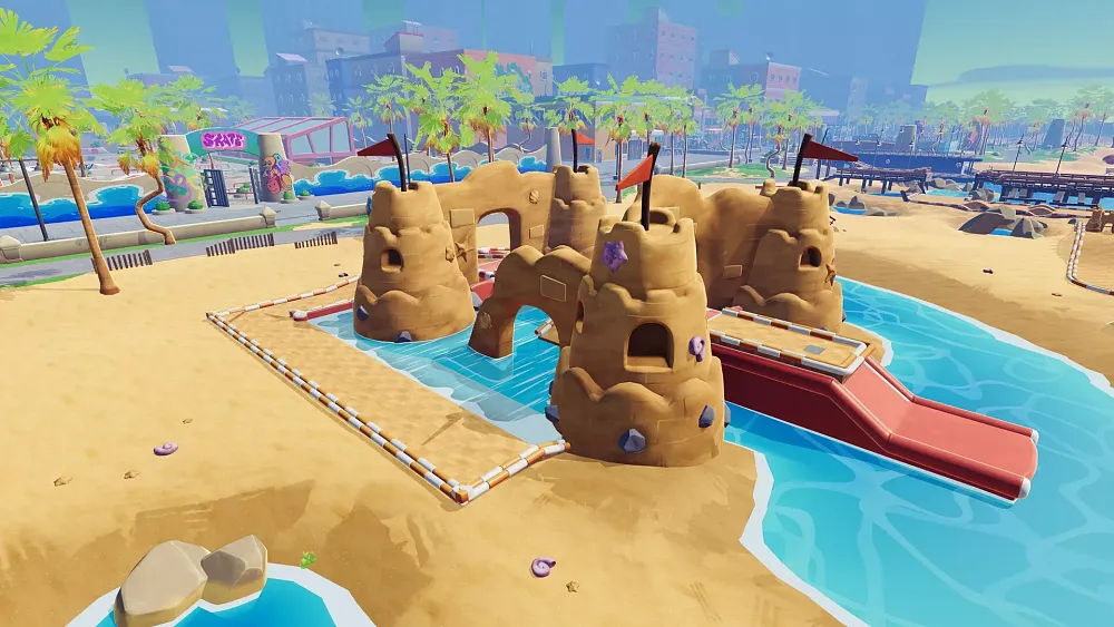An image of a sandy and icy minigolf course hole.