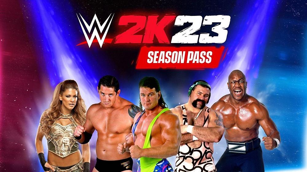 Professional wrestlers, men and women, lined up and posing for promotional art for a game's season pass.
