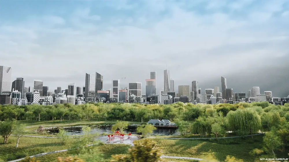 Image of a city's skyline beyond a park or a field with grass and trees.