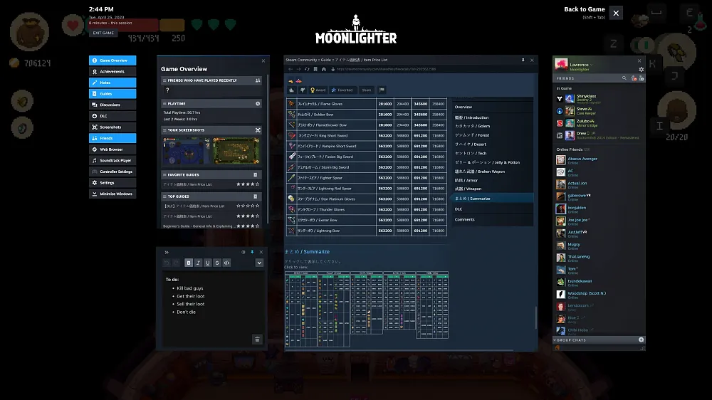 Screenshot of the revamped in-game overlay for Steam showing multiple windows with different functionality.